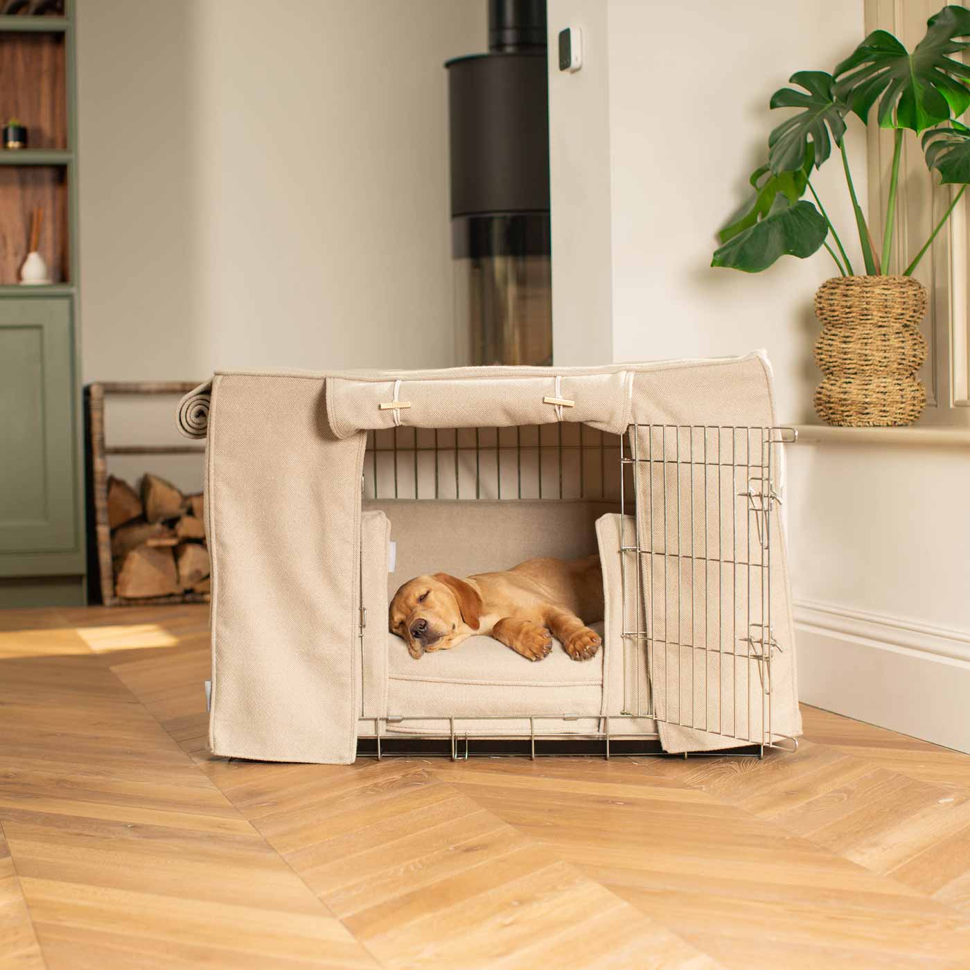 Dog Crate Set In Natural Herringbone Tweed by Lords & Labradors