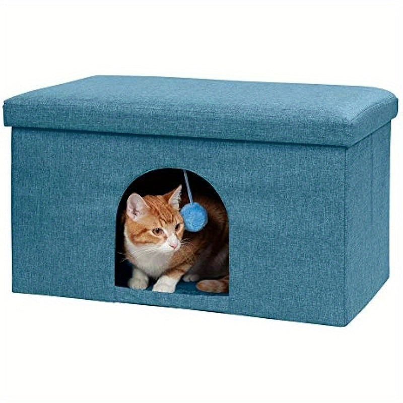 Collapsible Foldable Pet House for Cats & Small Dogs - 130lb Capacity Ottoman Bed w/Plush Ball Toy, Ocean Blue Large (25.5"x15"x15") - Indoor Living Room Furniture & Travel-Friendly Pet Condo, Indoor Dog House, Cozy Enclosed Design, Durable Fabric Cover