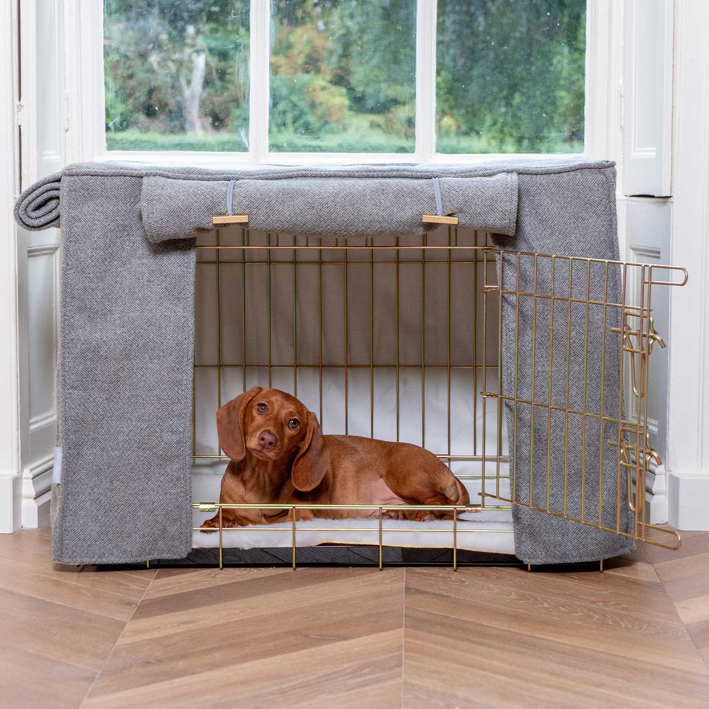 Dog Crate Cover in Pewter Herringbone Tweed by Lords & Labradors