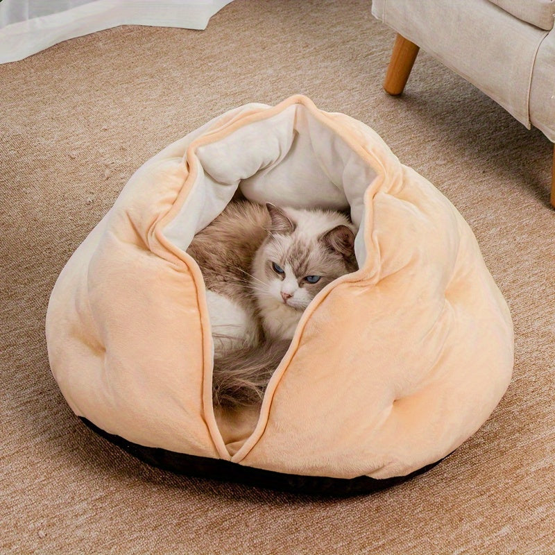 Cozy Plush Khaki Pet Bed for Cats & Small Dogs - Thick Warm Soft Polyester Nest with Full Coverage Design, Snug Fit for Medium-Sized Pets, Durable & Easy-Clean Indoor Bedding, Bed for Dog, Cat Owners, Highquality Fabric, Home Pets