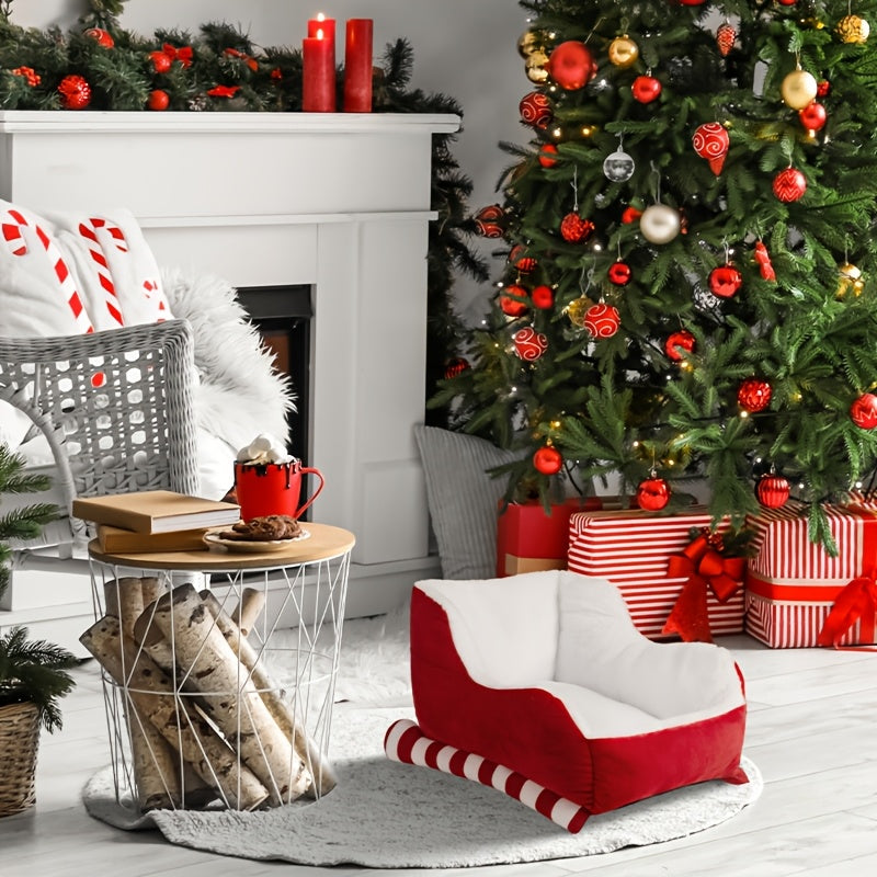 Cozy Christmas Sleigh Pet Bed - Red Velvet & Natural Faux Fur, Soft Indoor/Outdoor Dog and Cat Bed, Breathable, Washable, Durable Holiday Gift for Pets, Perfect for Fireplace Snuggling, Christmas Pet Accessory | Cozy Pet Sleigh | Plush Pet Bed