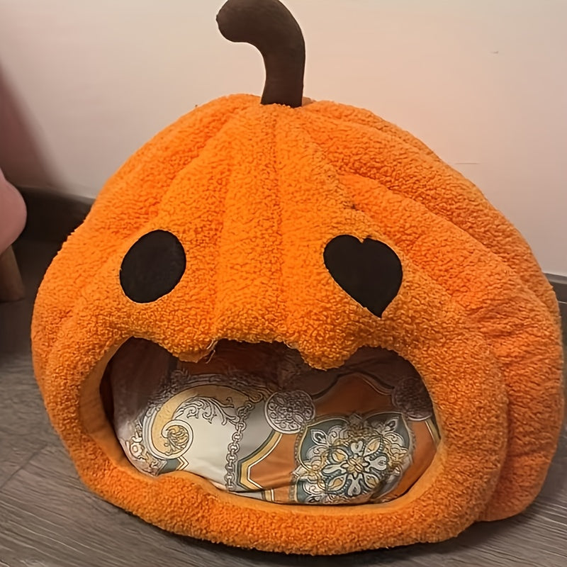 Halloween Pumpkin Cat Bed with Removable Mat - Soft and Warm Indoor Tent for Cats & Small Dogs, Orange Lantern Design, Black Eyes&Mouth, 4-Season Cozy Shelter. Perfect Halloween Gift Idea, Event-Friendly Pet Accessory
