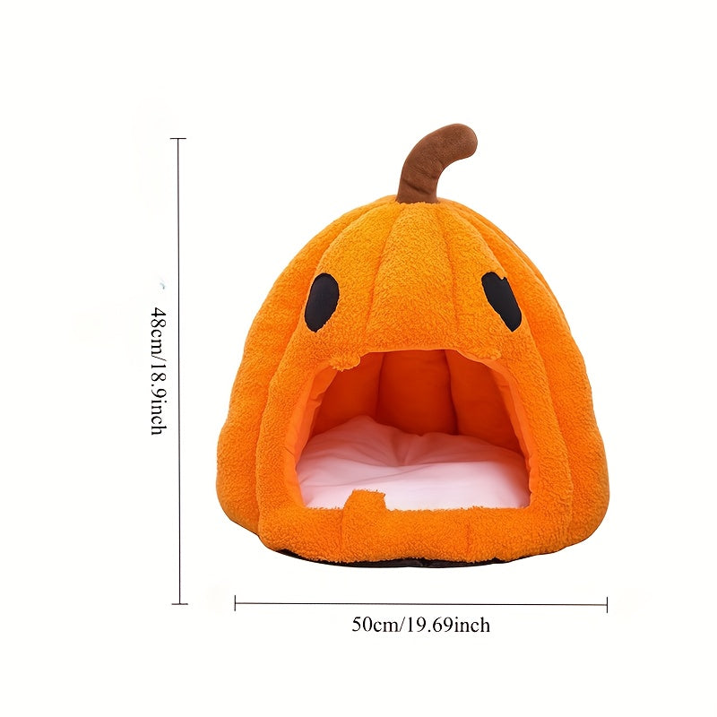 Halloween Pumpkin Cat Bed with Removable Mat - Soft and Warm Indoor Tent for Cats & Small Dogs, Orange Lantern Design, Black Eyes&Mouth, 4-Season Cozy Shelter. Perfect Halloween Gift Idea, Event-Friendly Pet Accessory