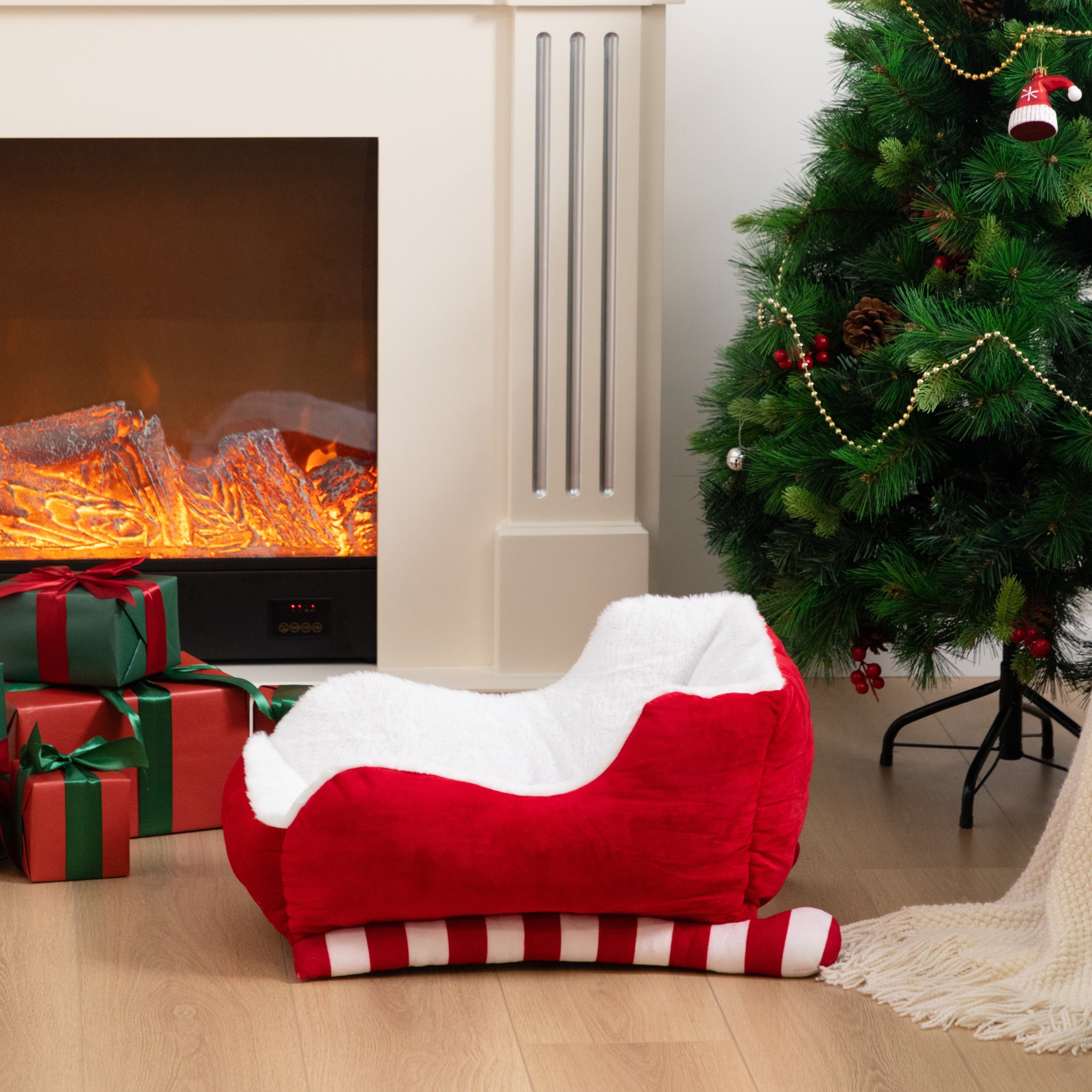 Cozy Christmas Sleigh Pet Bed - Red Velvet & Natural Faux Fur, Soft Indoor/Outdoor Dog and Cat Bed, Breathable, Washable, Durable Holiday Gift for Pets, Perfect for Fireplace Snuggling, Christmas Pet Accessory | Cozy Pet Sleigh | Plush Pet Bed