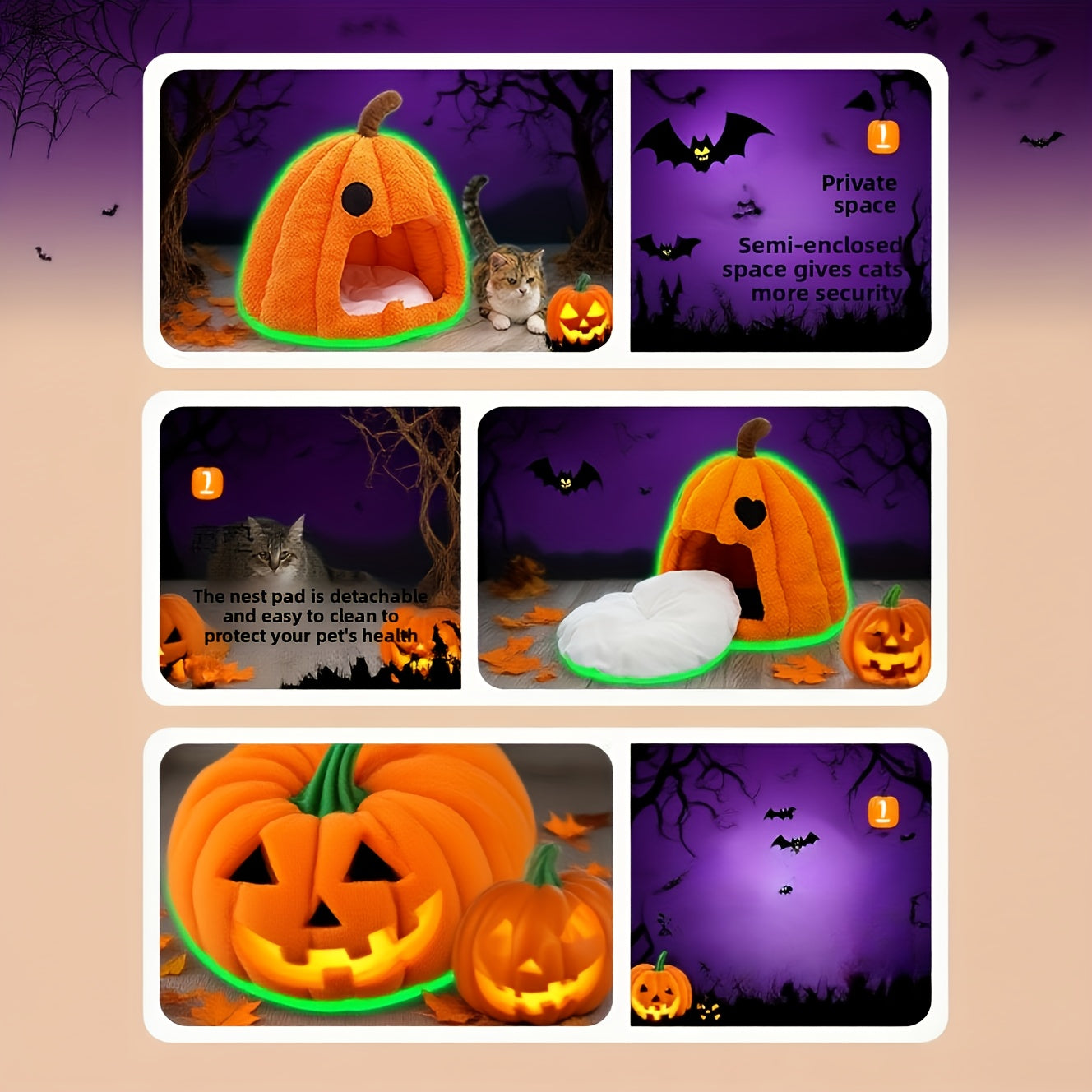 Halloween Pumpkin Cat Bed with Removable Mat - Soft and Warm Indoor Tent for Cats & Small Dogs, Orange Lantern Design, Black Eyes&Mouth, 4-Season Cozy Shelter. Perfect Halloween Gift Idea, Event-Friendly Pet Accessory