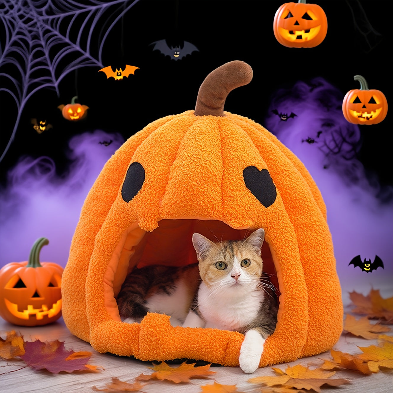 Halloween Pumpkin Cat Bed with Removable Mat - Soft and Warm Indoor Tent for Cats & Small Dogs, Orange Lantern Design, Black Eyes&Mouth, 4-Season Cozy Shelter. Perfect Halloween Gift Idea, Event-Friendly Pet Accessory