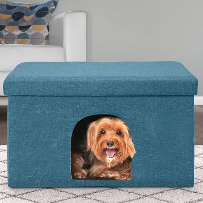 Collapsible Foldable Pet House for Cats & Small Dogs - 130lb Capacity Ottoman Bed w/Plush Ball Toy, Ocean Blue Large (25.5"x15"x15") - Indoor Living Room Furniture & Travel-Friendly Pet Condo, Indoor Dog House, Cozy Enclosed Design, Durable Fabric Cover