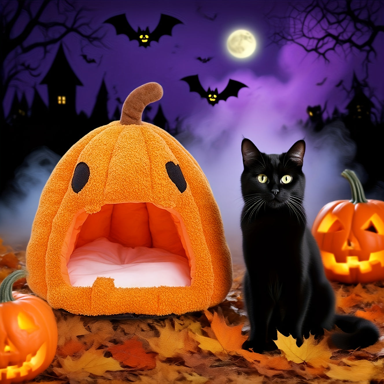 Halloween Pumpkin Cat Bed with Removable Mat - Soft and Warm Indoor Tent for Cats & Small Dogs, Orange Lantern Design, Black Eyes&Mouth, 4-Season Cozy Shelter. Perfect Halloween Gift Idea, Event-Friendly Pet Accessory