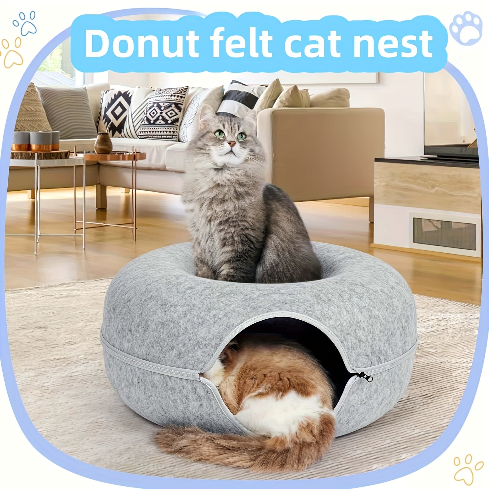 Soft Felt Donut-Shaped Cat Bed with Resin Teeth - Washable, Plush Hidden Pet Nest for All Sizes, Scratching & Resting, Cozy All-Season Home Decor, Cat Furniture Bed, Cozy Cat Bed, Washable Felt Bed