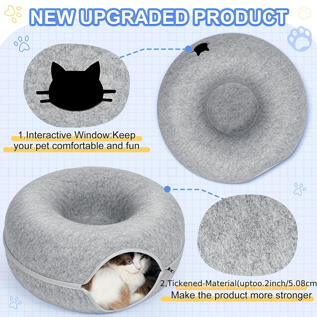 Soft Felt Donut-Shaped Cat Bed with Resin Teeth - Washable, Plush Hidden Pet Nest for All Sizes, Scratching & Resting, Cozy All-Season Home Decor, Cat Furniture Bed, Cozy Cat Bed, Washable Felt Bed