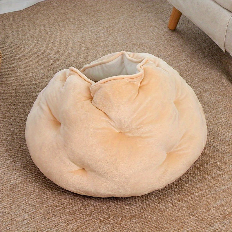 Cozy Plush Khaki Pet Bed for Cats & Small Dogs - Thick Warm Soft Polyester Nest with Full Coverage Design, Snug Fit for Medium-Sized Pets, Durable & Easy-Clean Indoor Bedding, Bed for Dog, Cat Owners, Highquality Fabric, Home Pets