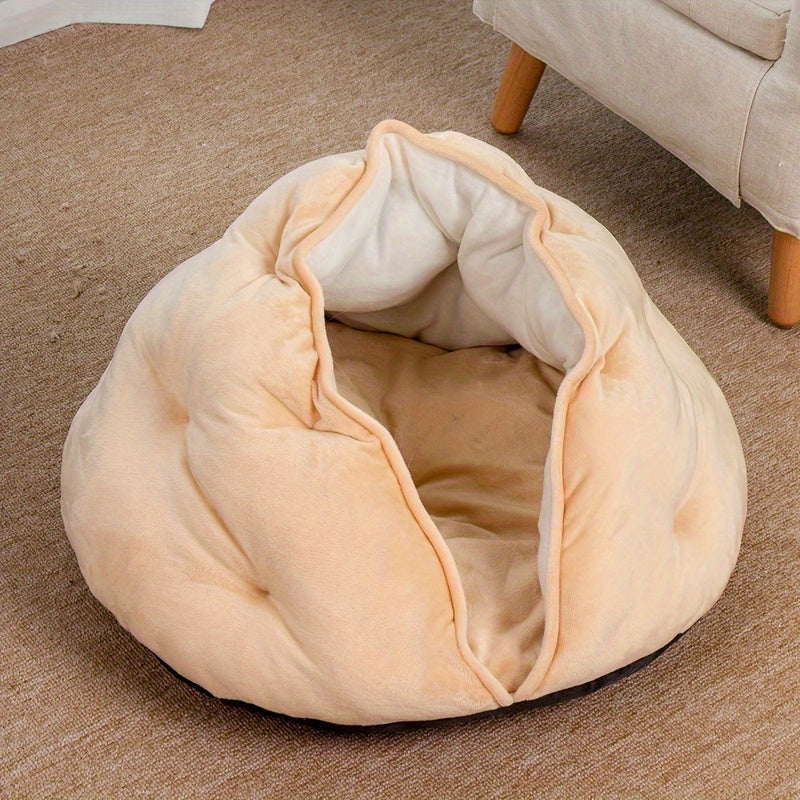 Cozy Plush Khaki Pet Bed for Cats & Small Dogs - Thick Warm Soft Polyester Nest with Full Coverage Design, Snug Fit for Medium-Sized Pets, Durable & Easy-Clean Indoor Bedding, Bed for Dog, Cat Owners, Highquality Fabric, Home Pets