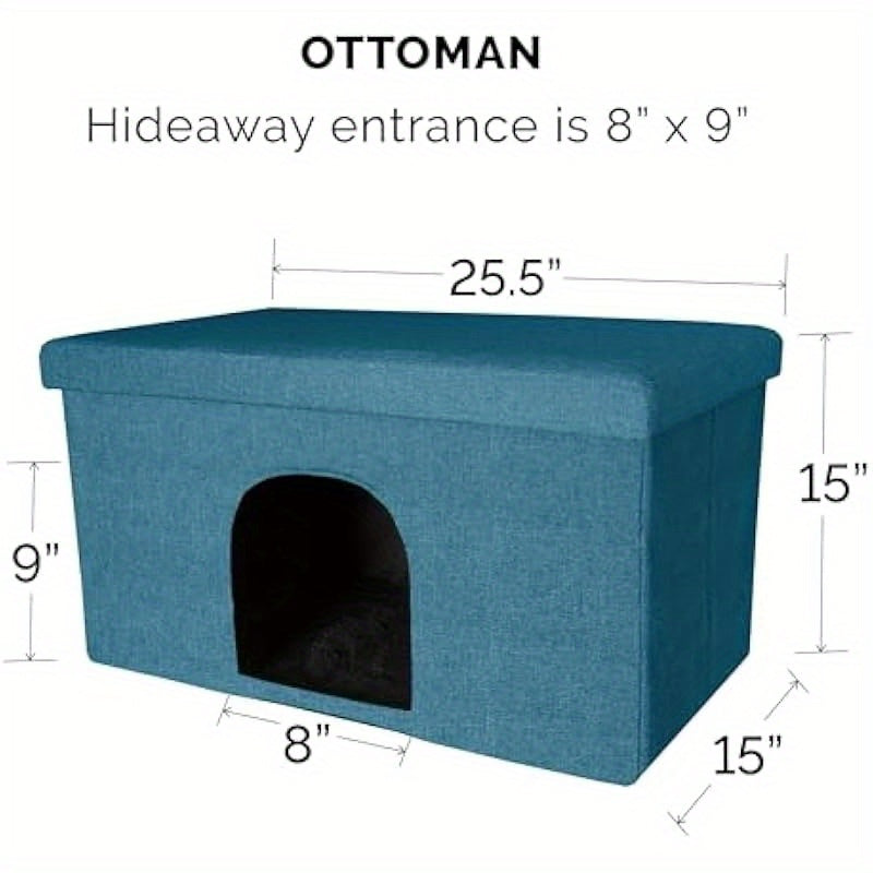 Collapsible Foldable Pet House for Cats & Small Dogs - 130lb Capacity Ottoman Bed w/Plush Ball Toy, Ocean Blue Large (25.5"x15"x15") - Indoor Living Room Furniture & Travel-Friendly Pet Condo, Indoor Dog House, Cozy Enclosed Design, Durable Fabric Cover