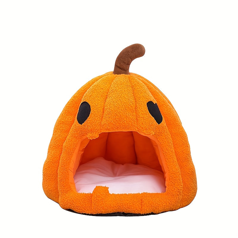 Halloween Pumpkin Cat Bed with Removable Mat - Soft and Warm Indoor Tent for Cats & Small Dogs, Orange Lantern Design, Black Eyes&Mouth, 4-Season Cozy Shelter. Perfect Halloween Gift Idea, Event-Friendly Pet Accessory