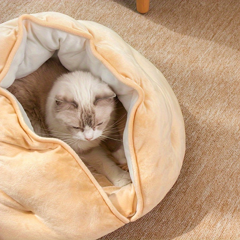Cozy Plush Khaki Pet Bed for Cats & Small Dogs - Thick Warm Soft Polyester Nest with Full Coverage Design, Snug Fit for Medium-Sized Pets, Durable & Easy-Clean Indoor Bedding, Bed for Dog, Cat Owners, Highquality Fabric, Home Pets