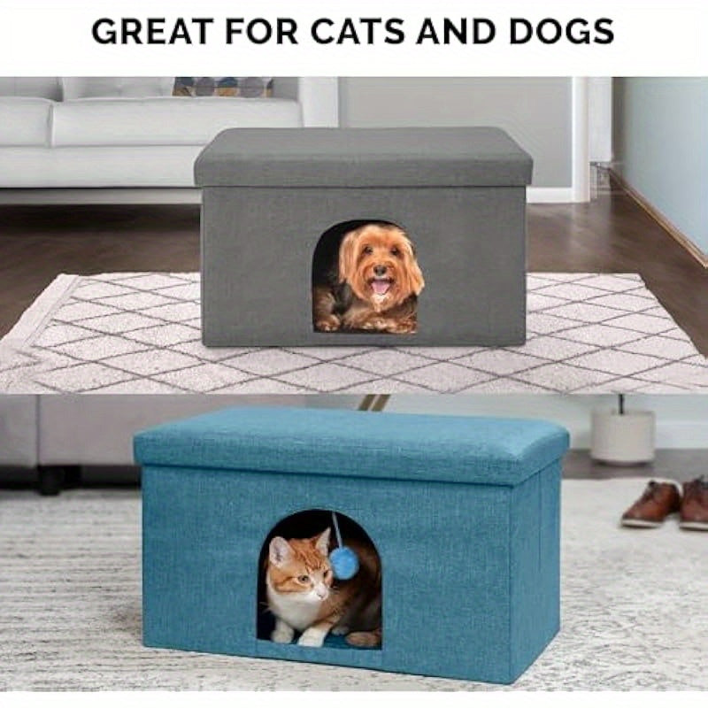 Collapsible Foldable Pet House for Cats & Small Dogs - 130lb Capacity Ottoman Bed w/Plush Ball Toy, Ocean Blue Large (25.5"x15"x15") - Indoor Living Room Furniture & Travel-Friendly Pet Condo, Indoor Dog House, Cozy Enclosed Design, Durable Fabric Cover