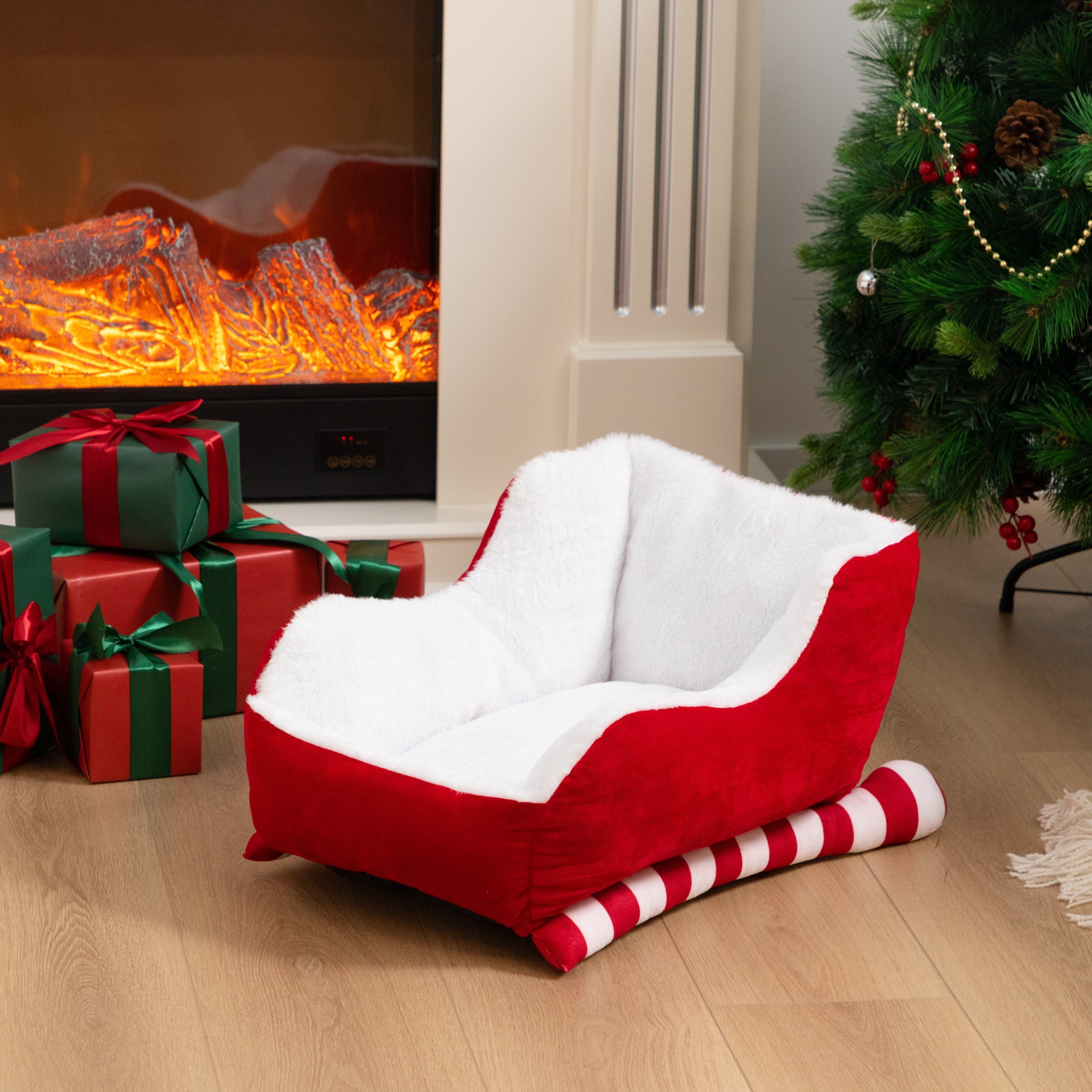 Cozy Christmas Sleigh Pet Bed - Red Velvet & Natural Faux Fur, Soft Indoor/Outdoor Dog and Cat Bed, Breathable, Washable, Durable Holiday Gift for Pets, Perfect for Fireplace Snuggling, Christmas Pet Accessory | Cozy Pet Sleigh | Plush Pet Bed