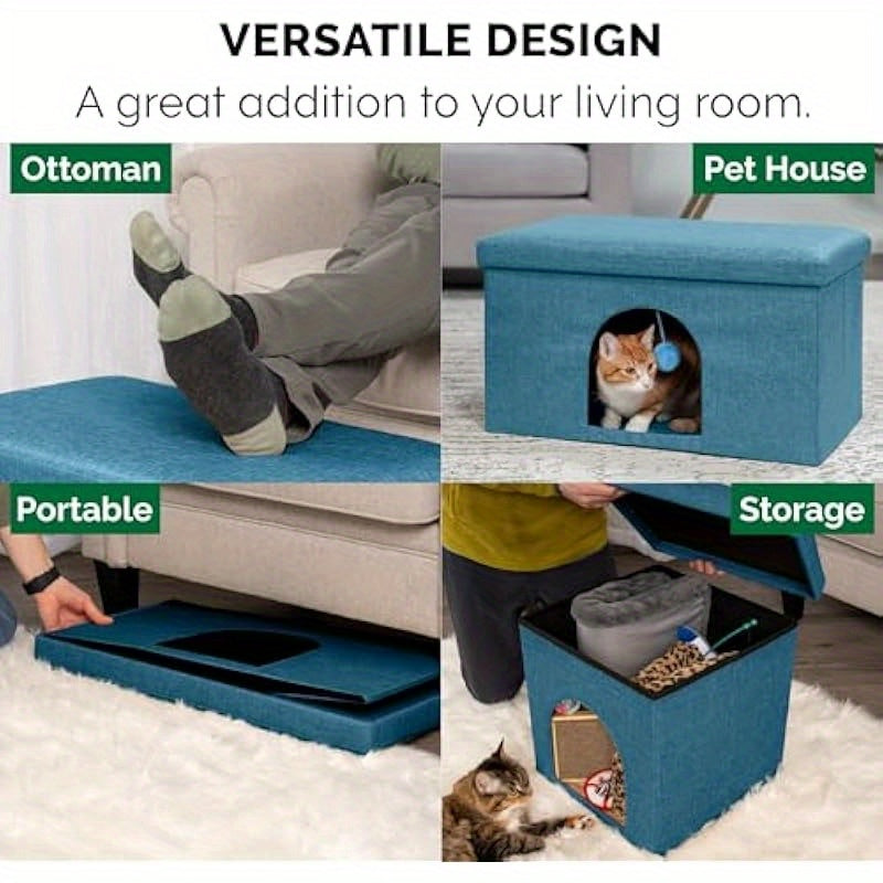 Collapsible Foldable Pet House for Cats & Small Dogs - 130lb Capacity Ottoman Bed w/Plush Ball Toy, Ocean Blue Large (25.5"x15"x15") - Indoor Living Room Furniture & Travel-Friendly Pet Condo, Indoor Dog House, Cozy Enclosed Design, Durable Fabric Cover