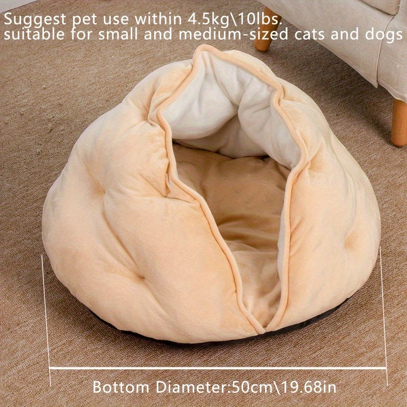 Cozy Plush Khaki Pet Bed for Cats & Small Dogs - Thick Warm Soft Polyester Nest with Full Coverage Design, Snug Fit for Medium-Sized Pets, Durable & Easy-Clean Indoor Bedding, Bed for Dog, Cat Owners, Highquality Fabric, Home Pets
