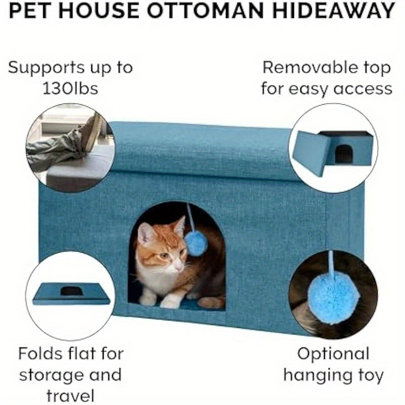 Collapsible Foldable Pet House for Cats & Small Dogs - 130lb Capacity Ottoman Bed w/Plush Ball Toy, Ocean Blue Large (25.5"x15"x15") - Indoor Living Room Furniture & Travel-Friendly Pet Condo, Indoor Dog House, Cozy Enclosed Design, Durable Fabric Cover