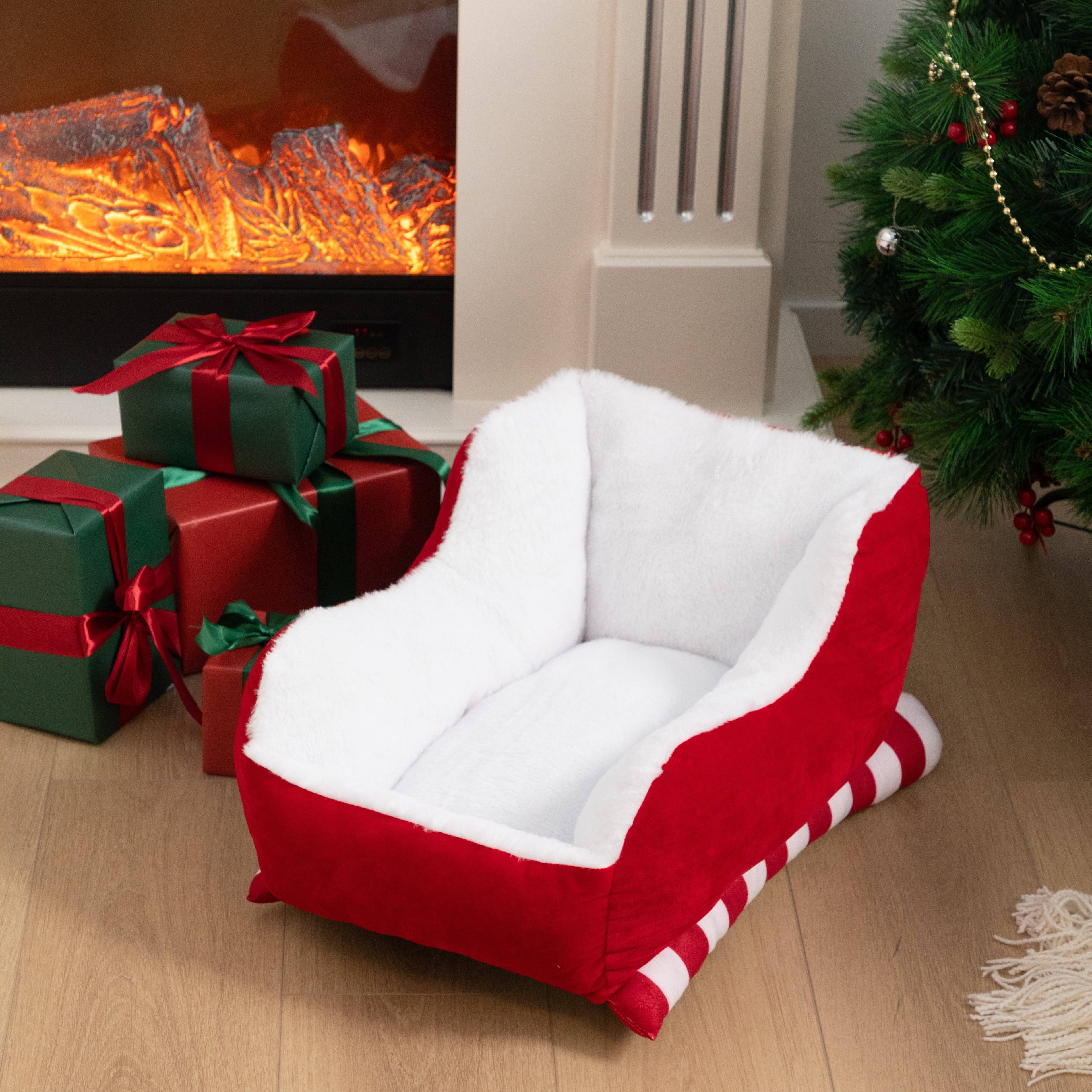 Cozy Christmas Sleigh Pet Bed - Red Velvet & Natural Faux Fur, Soft Indoor/Outdoor Dog and Cat Bed, Breathable, Washable, Durable Holiday Gift for Pets, Perfect for Fireplace Snuggling, Christmas Pet Accessory | Cozy Pet Sleigh | Plush Pet Bed