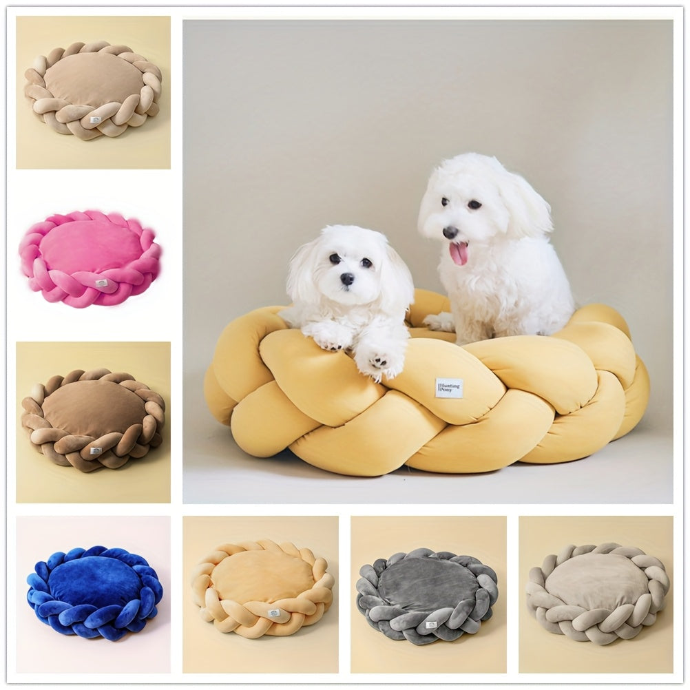 Handwoven Pet Bed for Dogs & Cats - Circular Plush Nest with Removable Cover, Soft Polyester, Multiple Colors (Beige, Pink, Blue, Grey, Brown) - Cozy Bedding for Medium & Small Breeds, Small Pet Bed, Cat Comfort Accessory, Round Pet Bed, Dog Lovers