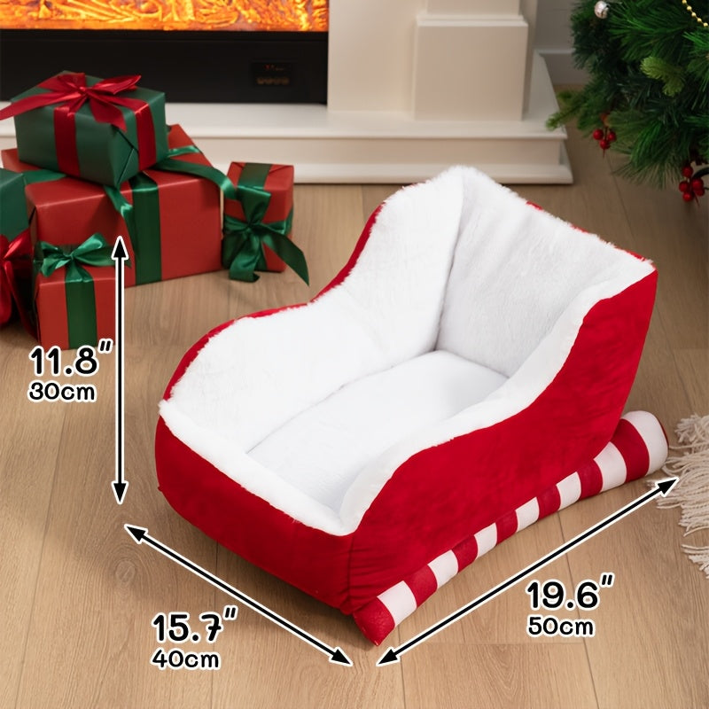 Cozy Christmas Sleigh Pet Bed - Red Velvet & Natural Faux Fur, Soft Indoor/Outdoor Dog and Cat Bed, Breathable, Washable, Durable Holiday Gift for Pets, Perfect for Fireplace Snuggling, Christmas Pet Accessory | Cozy Pet Sleigh | Plush Pet Bed