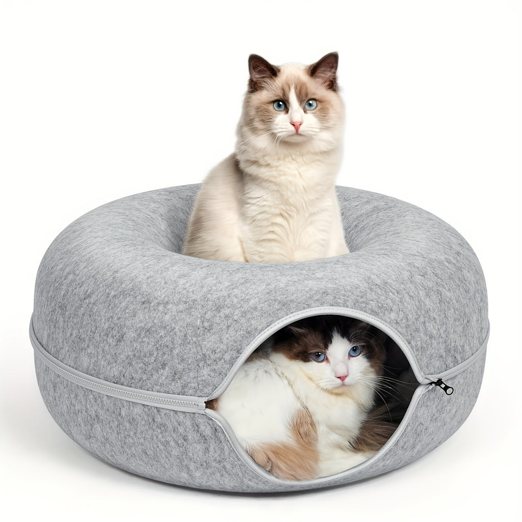 Soft Felt Donut-Shaped Cat Bed with Resin Teeth - Washable, Plush Hidden Pet Nest for All Sizes, Scratching & Resting, Cozy All-Season Home Decor, Cat Furniture Bed, Cozy Cat Bed, Washable Felt Bed