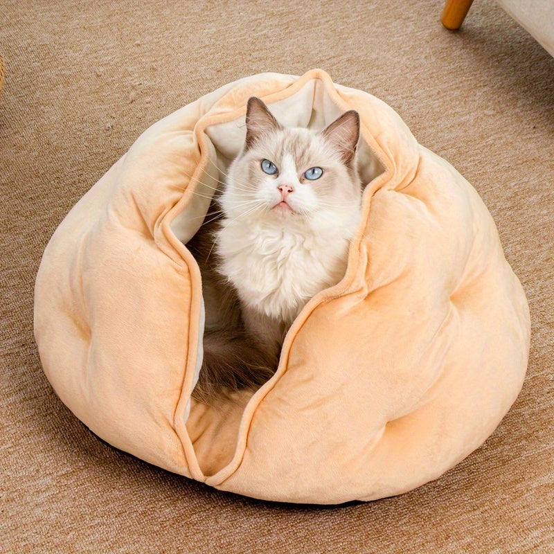 Cozy Plush Khaki Pet Bed for Cats & Small Dogs - Thick Warm Soft Polyester Nest with Full Coverage Design, Snug Fit for Medium-Sized Pets, Durable & Easy-Clean Indoor Bedding, Bed for Dog, Cat Owners, Highquality Fabric, Home Pets