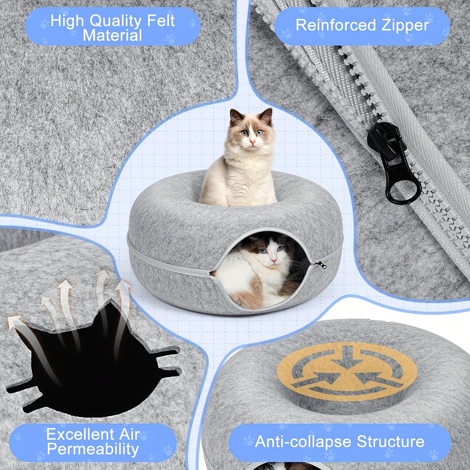 Soft Felt Donut-Shaped Cat Bed with Resin Teeth - Washable, Plush Hidden Pet Nest for All Sizes, Scratching & Resting, Cozy All-Season Home Decor, Cat Furniture Bed, Cozy Cat Bed, Washable Felt Bed