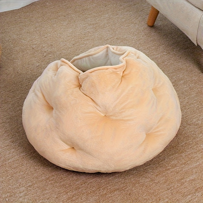 Cozy Plush Khaki Pet Bed for Cats & Small Dogs - Thick Warm Soft Polyester Nest with Full Coverage Design, Snug Fit for Medium-Sized Pets, Durable & Easy-Clean Indoor Bedding, Bed for Dog, Cat Owners, Highquality Fabric, Home Pets